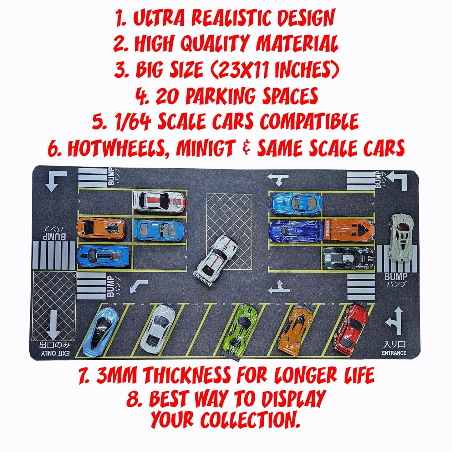 Parking lot mat Diorama for 1/64 Scale Cars (Hotwheels,minigt,majoratte, etc) Large Size 11X22 inches **Cars not Included