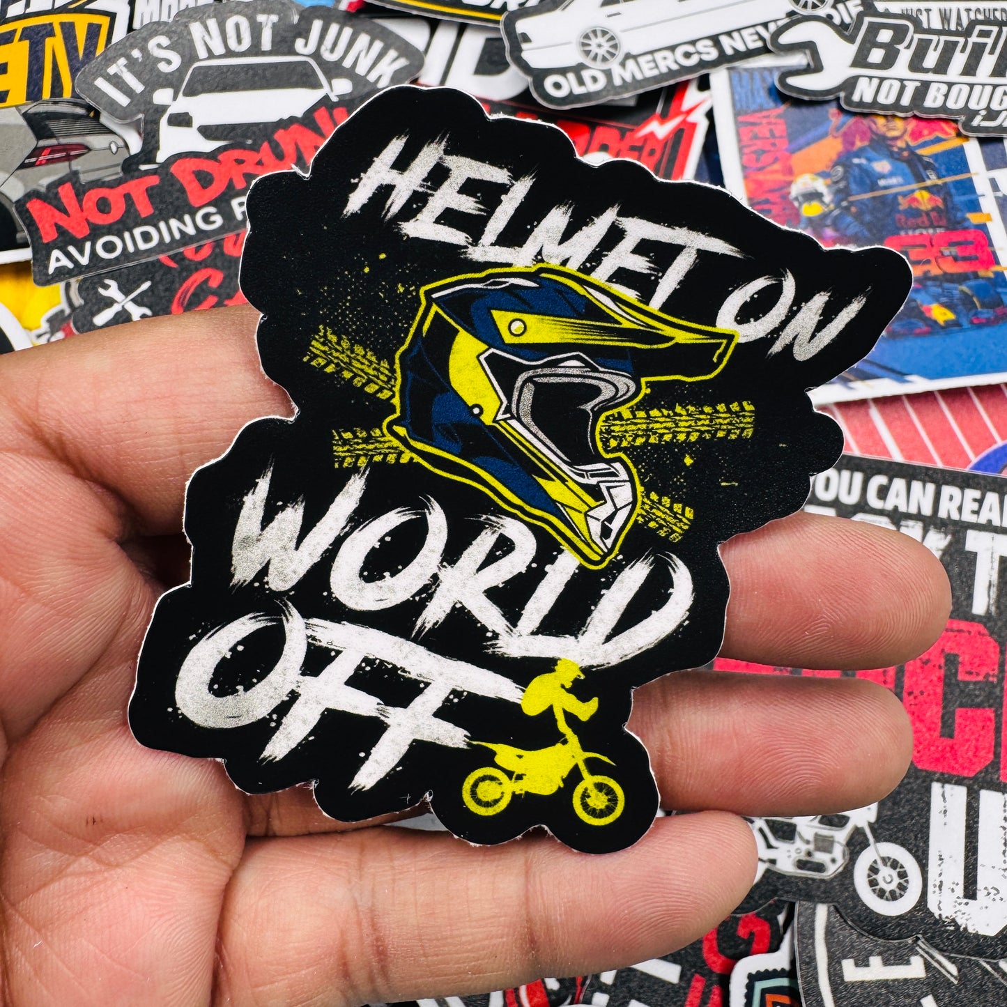 Helmet on world off sticker