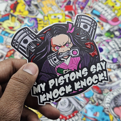 Nezuko's piston says knock knock! car slap sticker