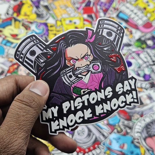 Nezuko's piston says knock knock! car slap sticker