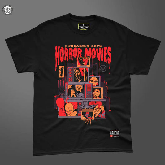 I freaking love horror movies printed Black T-shirt - T- Shirt