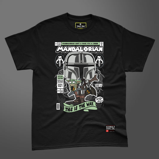 Mandalorian comic styled black printed T-shirt