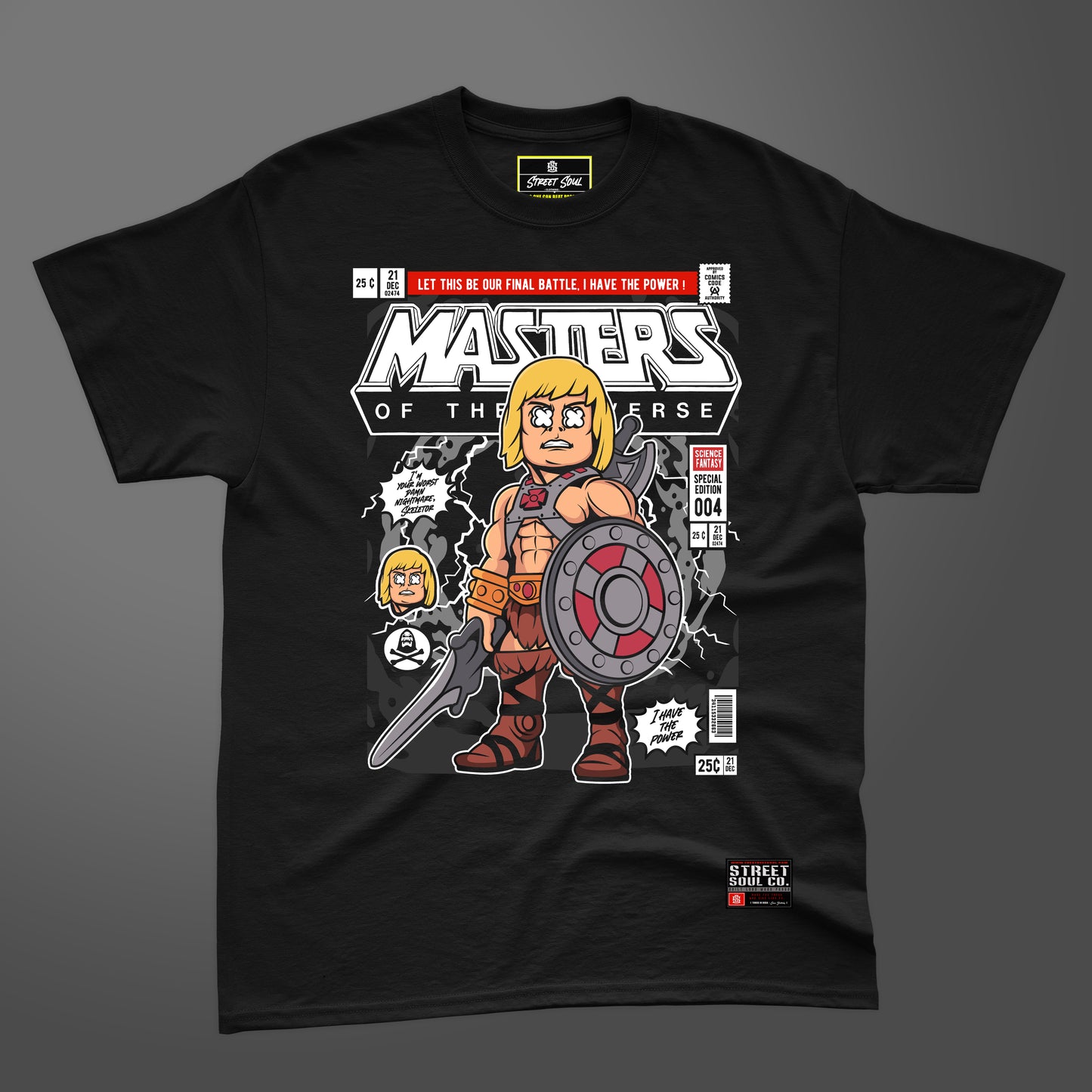 Masters of the universe comic styled black printed T-shirt