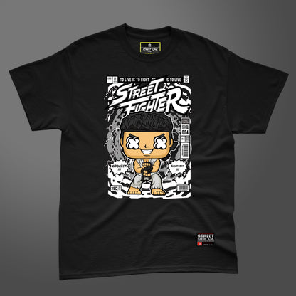 Street fighter comic styled black printed T-shirt